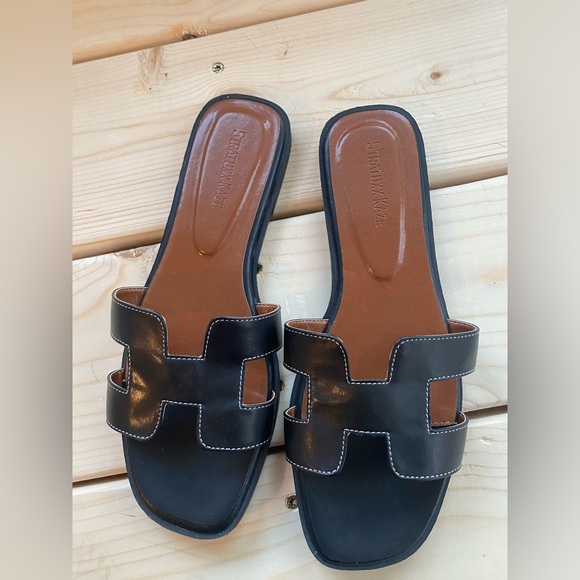Black Leather Slide Sandals - Picture 1 of 4